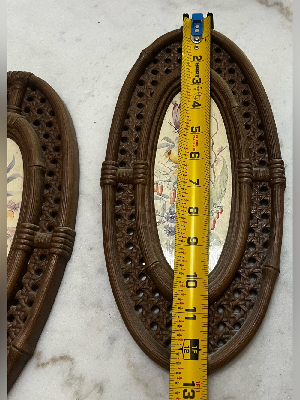 Vintage MCM wall plaques Faux-Rattan Plastic Frame Butterfly Botanical Set Of 2 - Picture 7 of 8